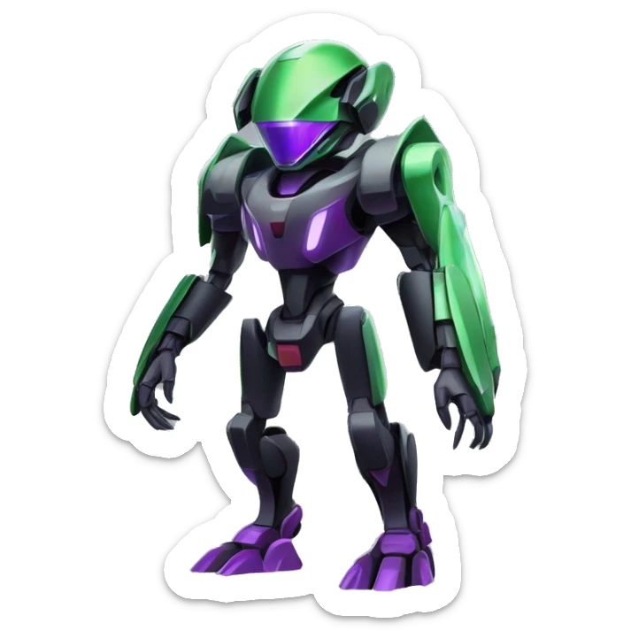a shiny black-green-purple Genesect-Raptor-Fakémon-Medabot-hybrid with a futuristic visor-helmet full body sticker