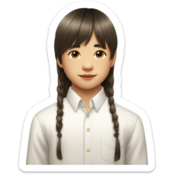 11 year old chinese boy with curtain bangs and white formal shirt with long sleevesand a book sticker