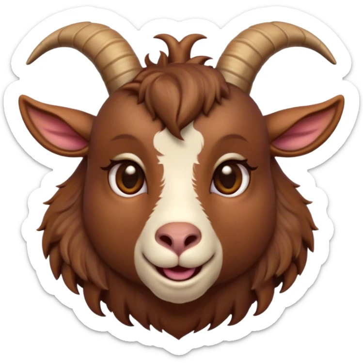 Cinematic Cute Brown Goat Portrait Emoji, Head tilted playfully and inquisitively, featuring a glossy, rich brown fur with charming curved horns, round, sparkling eyes filled with gentle curiosity, Simplified yet irresistibly adorable features, highly detailed, glowing with a warm, friendly glow, high shine, affectionate and lively, stylized with a touch of rustic whimsy, bright and endearing, soft glowing outline, capturing the essence of a mischievous yet loving goat, so playful it feels like it could trot out of the screen and into your arms! sticker
