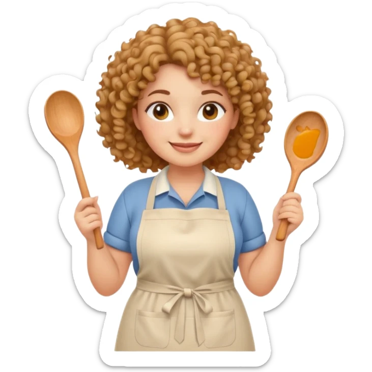 Cute emoji avatar of a plus size woman with curly hair, warm skin tone, wearing a casual kitchen apron, smiling and holding a wooden spoon. Simple, clean lines, pastel color palette. Suitable for Instagram profile and stories. sticker