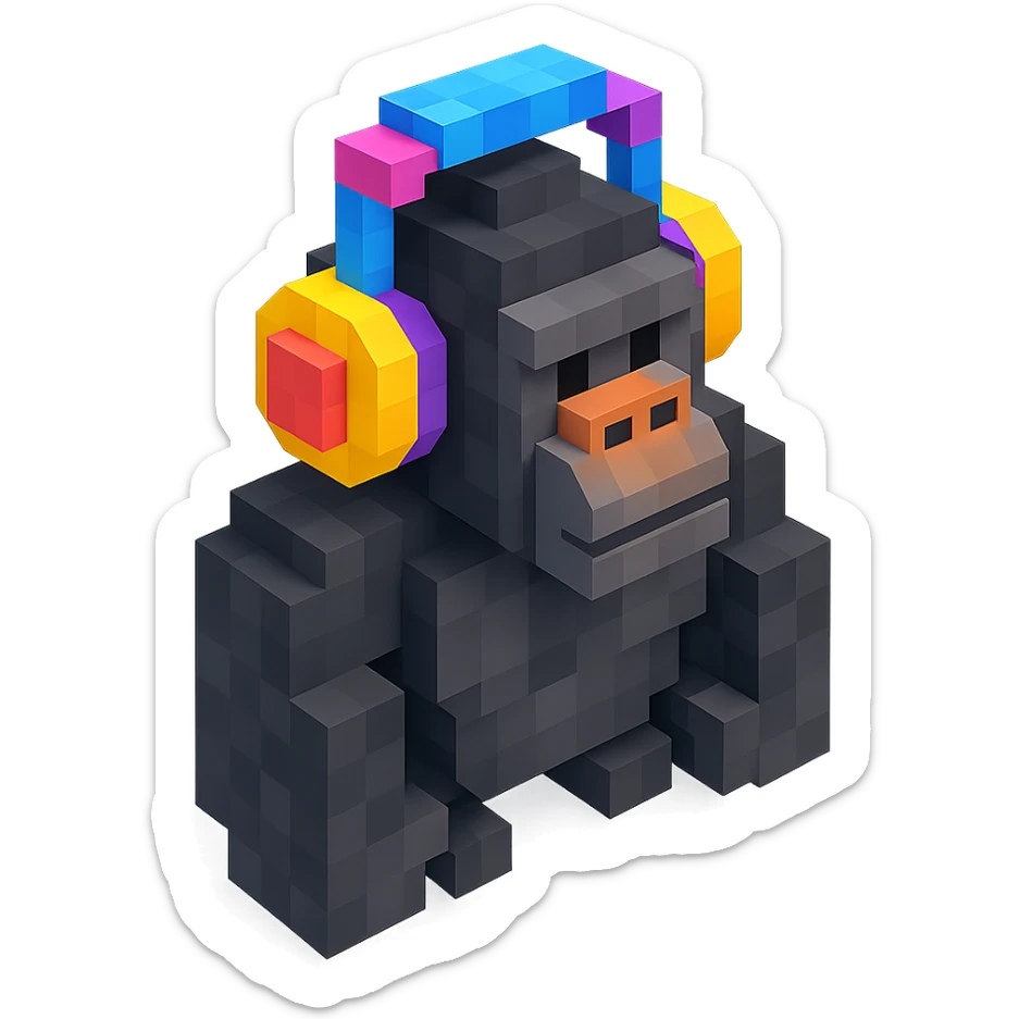 voxel style gorilla with colorful headphones, isometric view sticker