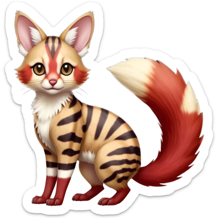 sanguine-red-streaked natural realistic divine beautiful elegant pretty precious cute young youthful  Fakémon-Pokémon-alien-opossum-feline-serval-caracal-chinchilla-Minccino-hybrid-creature with a big fluffy bushy striped tail (full body) sticker