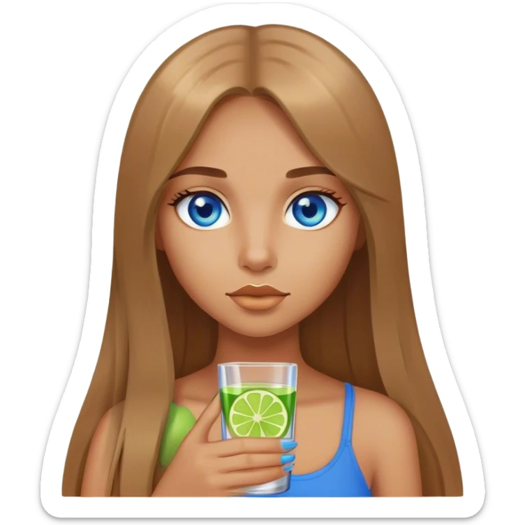 tan girl, long light brown straight hair, blue eyes, holding a shot with lime sticker
