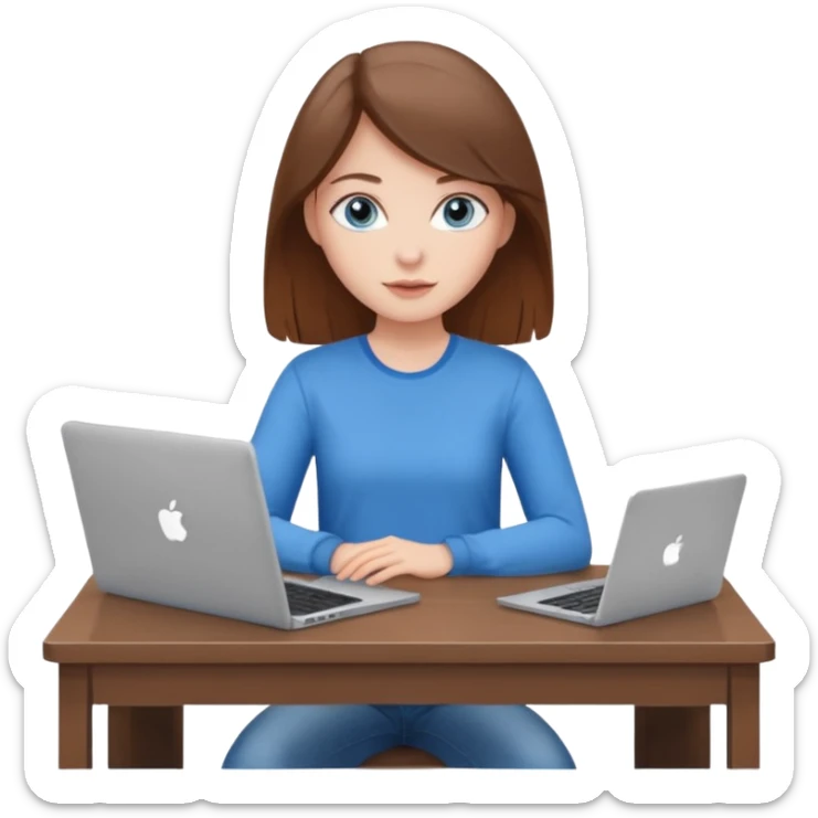 white girl with brown hair and blue eyes, sitting at a desk with a laptop, casual outfit sticker