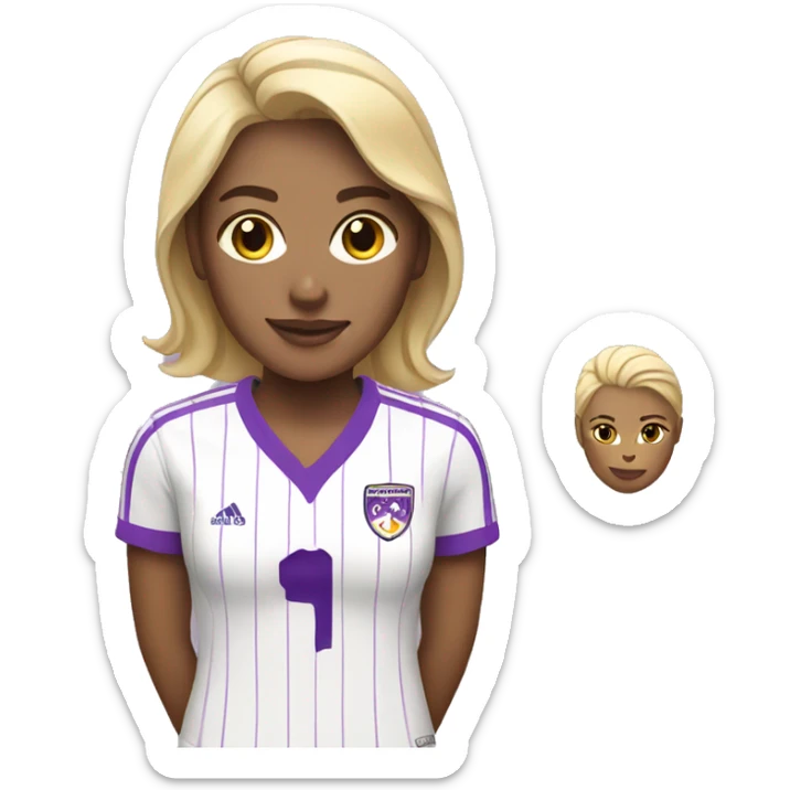 a blonde woman in white soccer jersey with purple pinstripes sticker