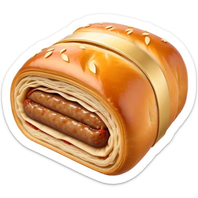 Cinematic Realistic Sausage Roll Dish Emoji, depicted with a crisp, golden pastry wrapped around flavorful sausage, rendered with detailed textures and appetizing lighting. sticker