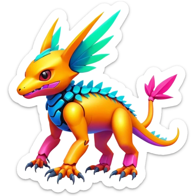 Tropical futuristic lush warm-colored modern colorful neon-colored cyber-Fakémon-Digimon-Trico-creature sticker