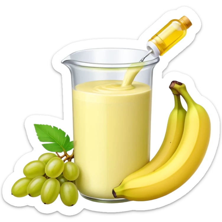 Make an emoji of banana grape custard with a bottle of medicine next to it  sticker