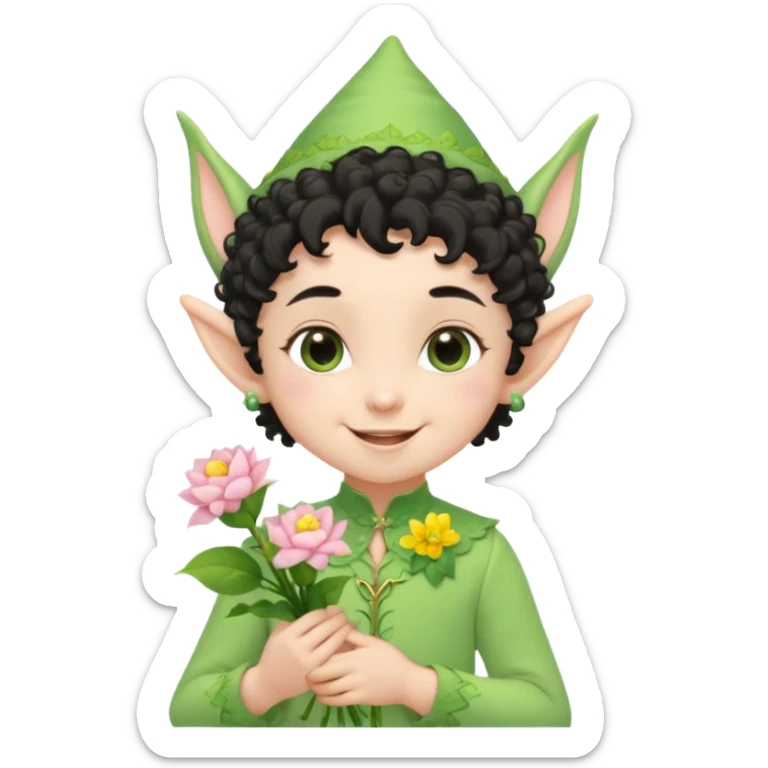 Tiny elf baby black curly hair with pointy ears\, pastel green outfit, hold flowers sticker
