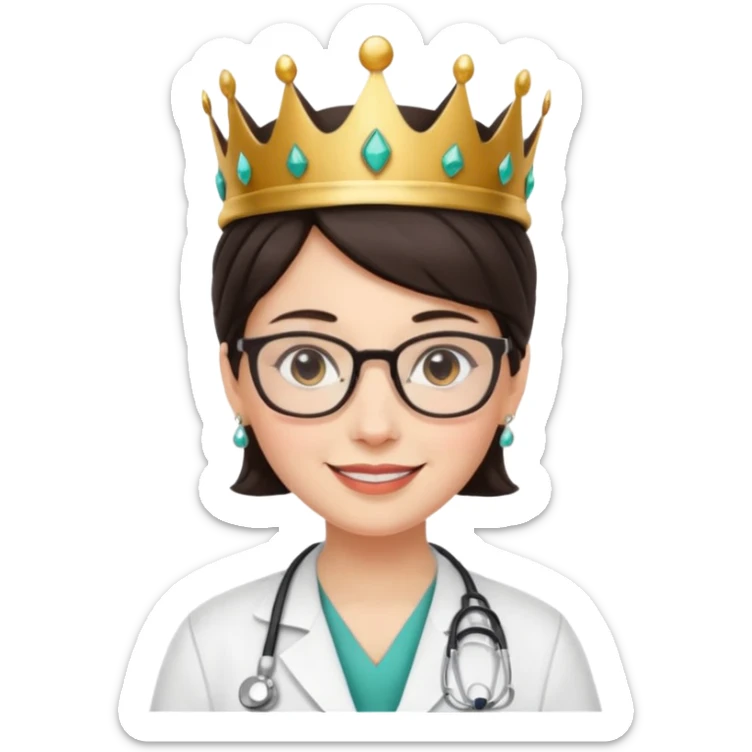 white female doctor very short dark brown hair with glasses and earings and a crown sticker