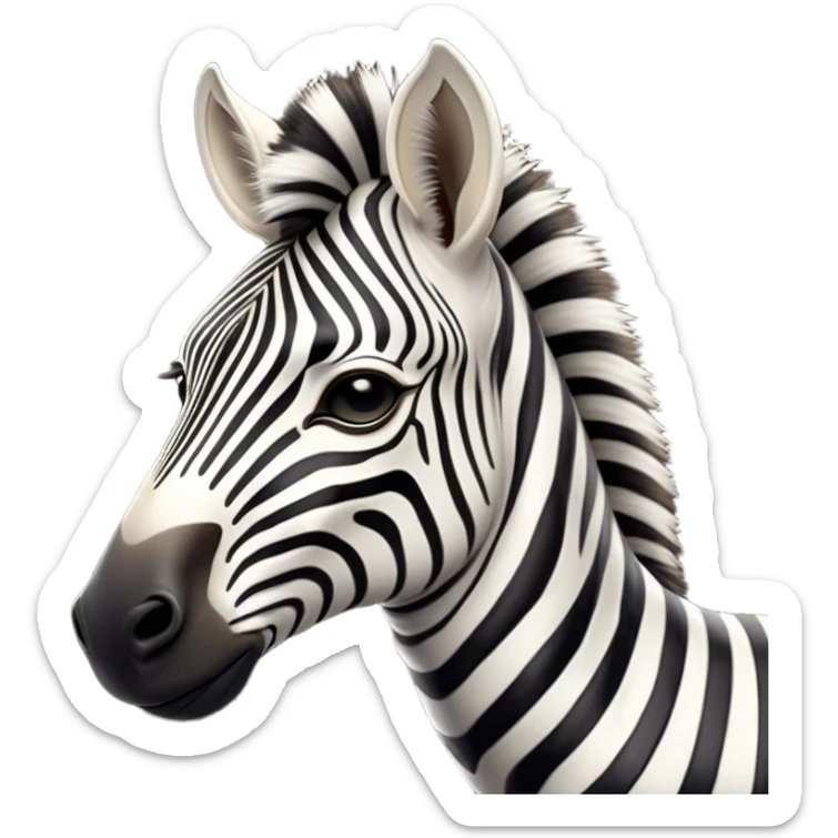 Cinematic Noble Zebra Portrait Emoji, Poised and regal, with a lean, elegant build and a striking Fur of bold black and white stripes, deep-set soulful piercing eyes, Simplified yet sharp and sophisticated features, highly detailed, glowing with a soft, dignified glow, high shine, intelligent and graceful, stylized with an air of savannah chic, focused and attentive, soft glowing outline, capturing the essence of a watchful and confident equine, so majestic it feels as though it could gallop out of the screen with effortless authority! sticker