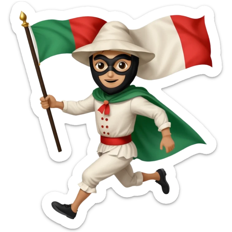 pulcinella con la maschera nera con bandiera italiana che corre sticker
