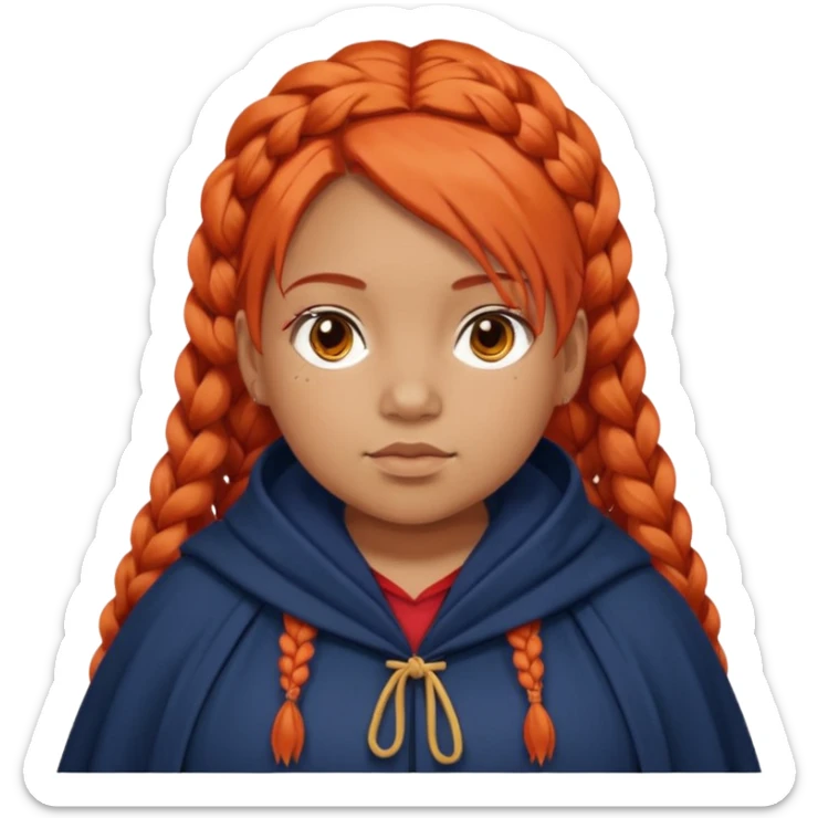 red orange braids hair girl, tan skin, fat, wear navy cloak sticker