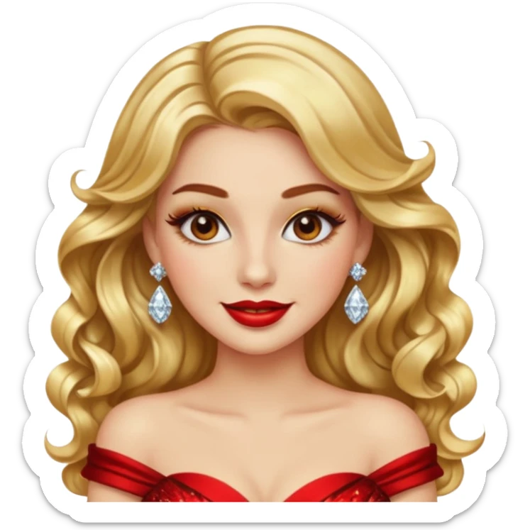 “Emoji girl, glamorous smile, shimmering gold eyeshadow, bold red lips, voluminous waves, dramatic lashes, wearing diamond earrings and gold gown.” sticker