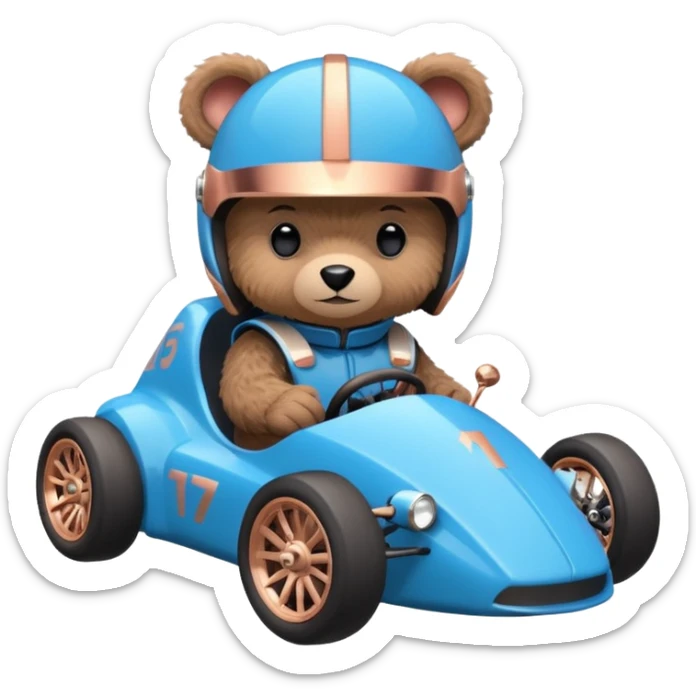 dark crystal blue and rosegold-accented faceted-body electric racing car driven by a small cute but fearless teddy baby bear with rear spoiler, roll bar, and wheely bar sticker