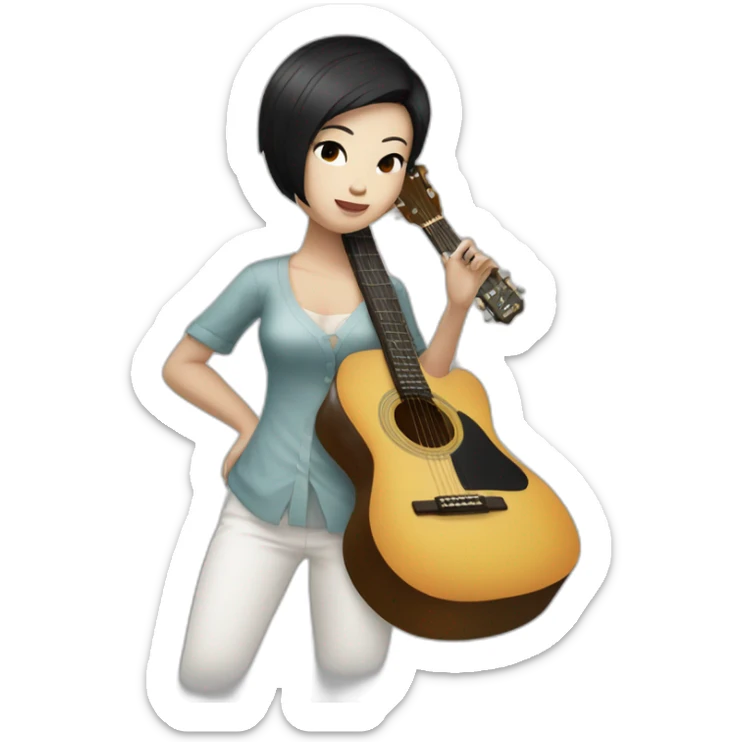 wthite skin woman with black short hair and chinese eyes playing a guitar sticker