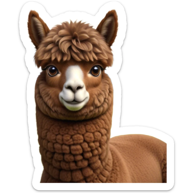 Cinematic Noble Brown Alpaca Portrait Emoji, Poised and regal, with a sturdy, graceful build and a rich, well-groomed brown fleece, deep-set soulful warm eyes, Simplified yet sharp and sophisticated features, highly detailed, glowing with a soft, dignified glow, high shine, intelligent and serene, stylized with an air of pastoral elegance, focused and attentive, soft glowing outline, capturing the essence of a watchful and confident companion, so majestic it feels as though it could stride out of the screen with effortless authority! sticker