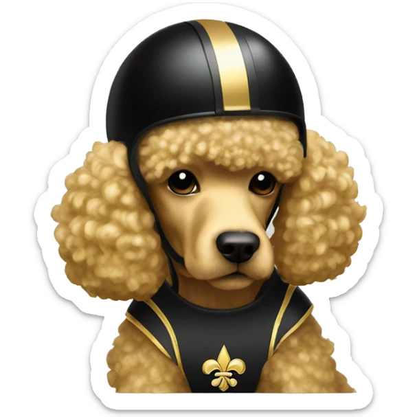Gold poodle wearing a black football helmet with gold stripe and gold fleur de lis emblem sticker