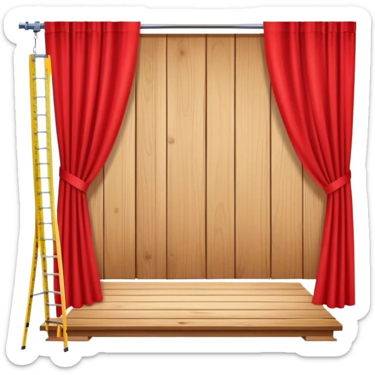 Wooden plank, measuring tape, red theater curtain, and blueprint sheet arranged in a balanced, creative cluster. sticker