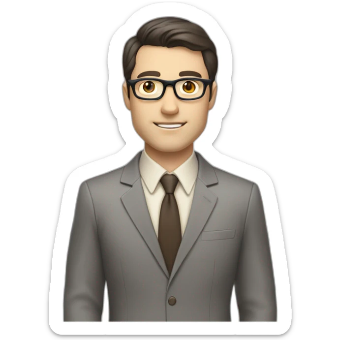 Full height Pale skinned Fit Man With dark brown hair in classic gray suit, beige office shirt, dark gray tie, and vintage glasses. His right hand is directed up sticker