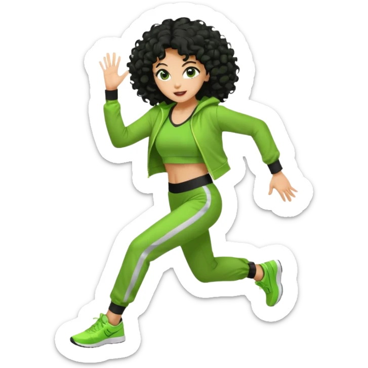 a woman with olive skin tone and curly black hair wearing green and dancing. full body, disco pose. running outfit sticker