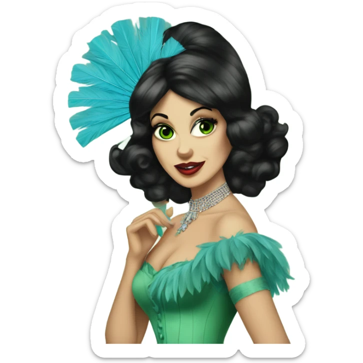 Burlesque dancer with black hair and green eyes in a vintage costume holding blue feather fans sticker