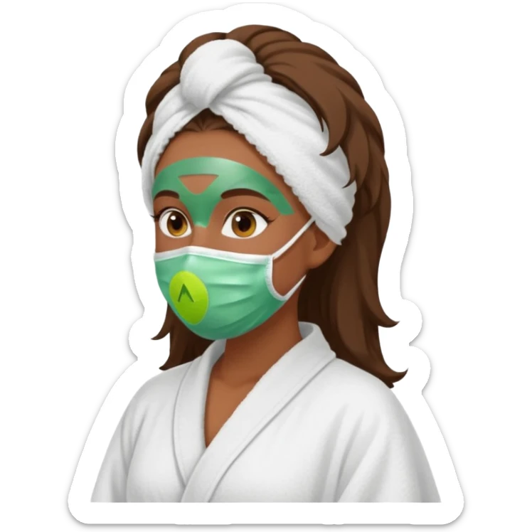 Tanned girls side profile  in robe and her hair in a towel with a face mask on sticker