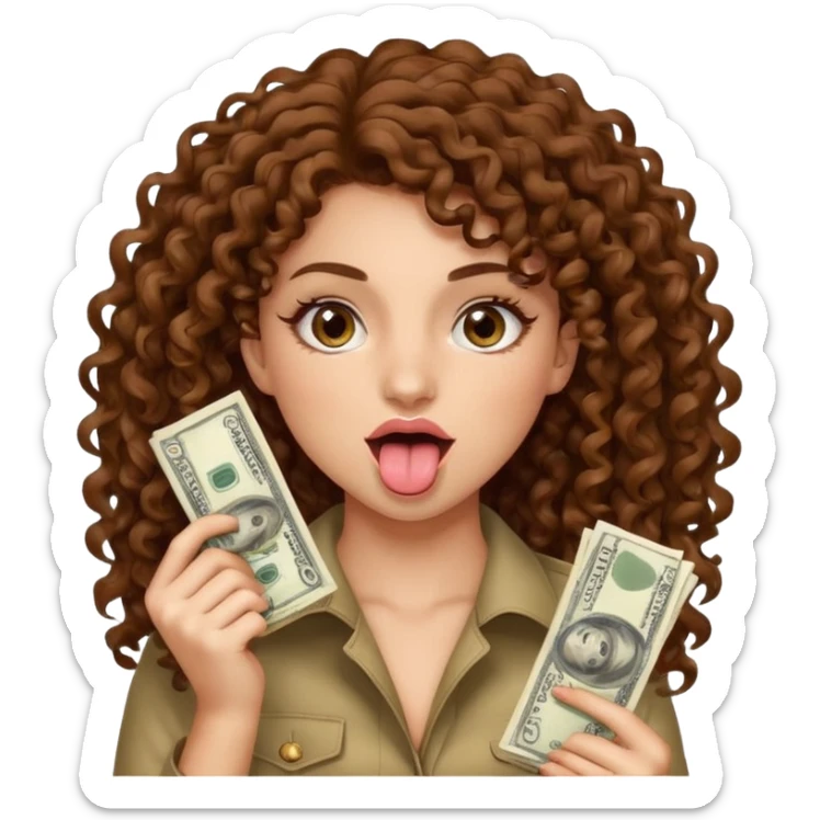 girl with brown curly hair, brown eyes, long natural lashes, holding up a lot of money with her tongue sticking out like shes flexing sticker