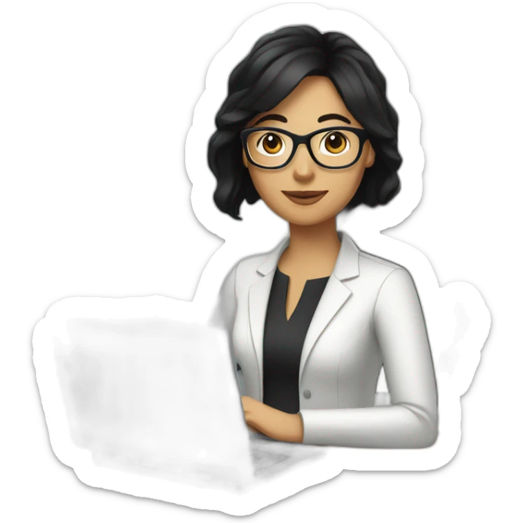 create emoji of a woman with medium black hair, wearing glasses and white, working with a computer sticker