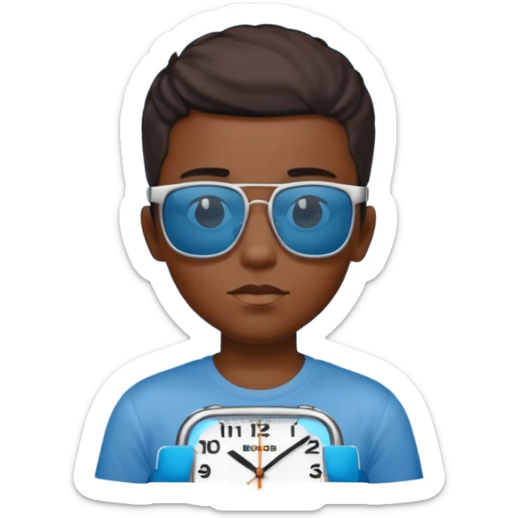 Un garçon noir avec des lunettes de soleil un peu bleu avec un cadran plutôt carré et SANS QU’ON VOIT SES YEUX. Et au dessus de sa tête il y a écrit BOUSs on dois pas voir ses yeux sticker