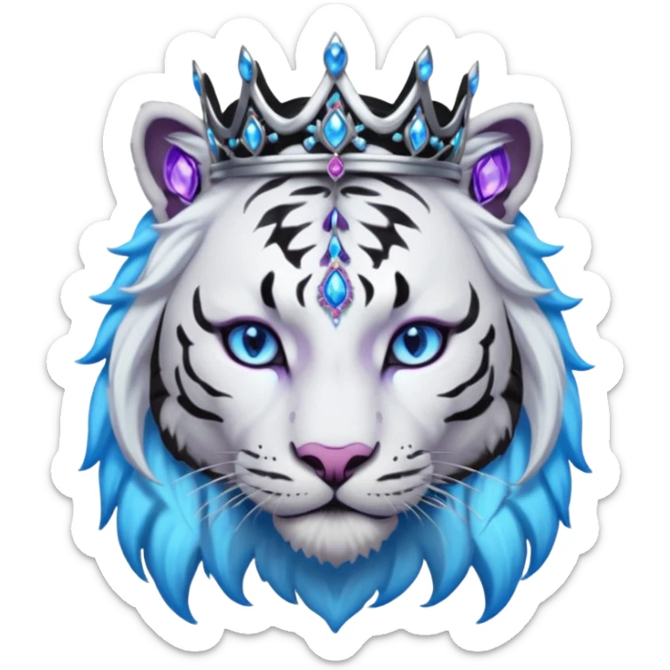 ESO Female white/black tiger khajiit leader of the umbral rose, glowing blue eyes, glowing blue 'third eye' gem, black dreadlocks; silver crown/tiara with purple gems sticker