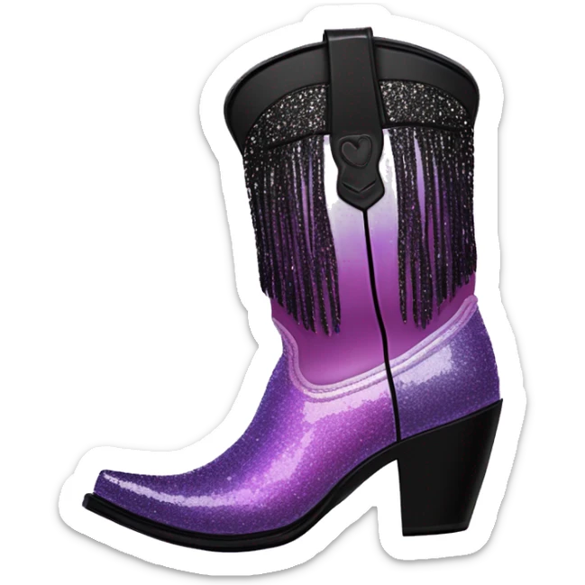 Realistic pastel purple to black ombre pair of fashion cowgirl boots with sparkly shiny glitter fringe on them. sticker