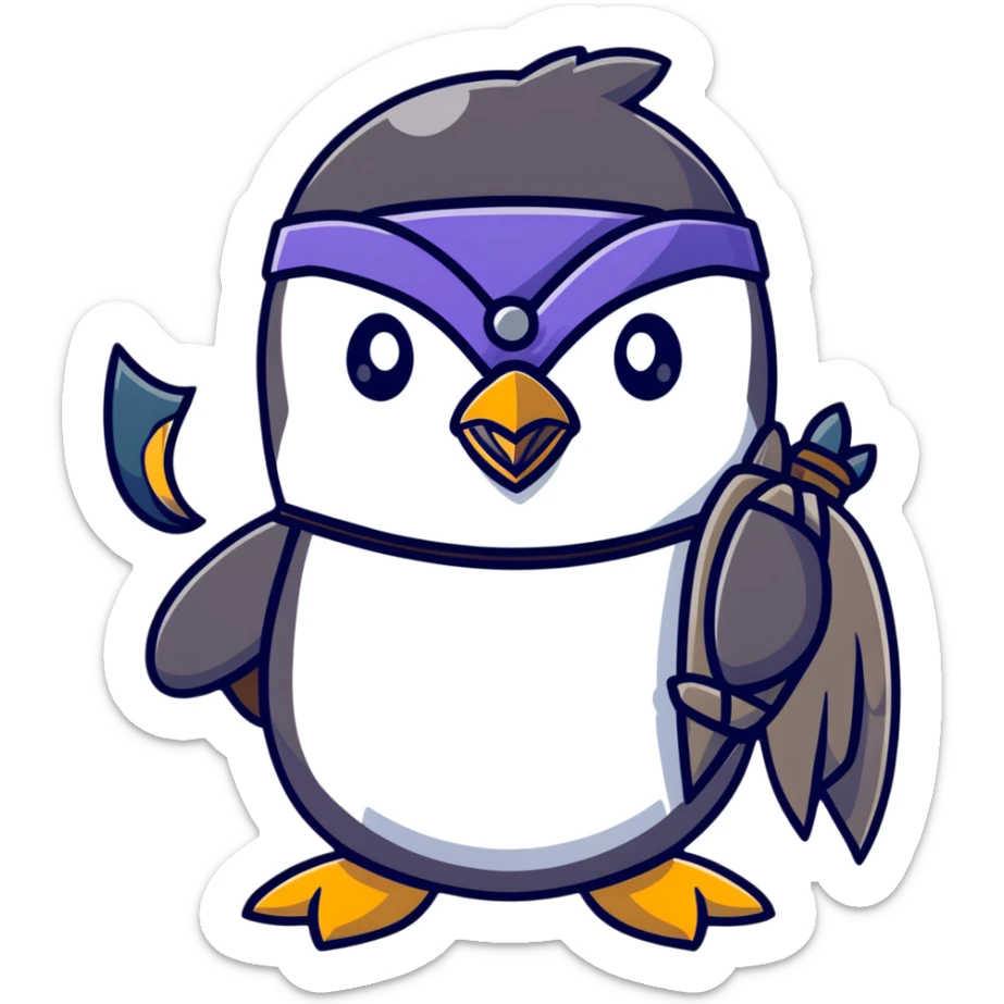 Cute penguin as Norse god Odin with two ravens on shoulders, wearing a Viking helmet and eyepatch sticker