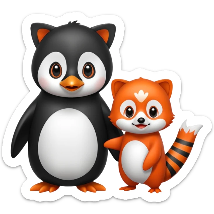 A cartoon  cute cartoon penguin. Next to it is a cartoon red panda holding its flipper  sticker