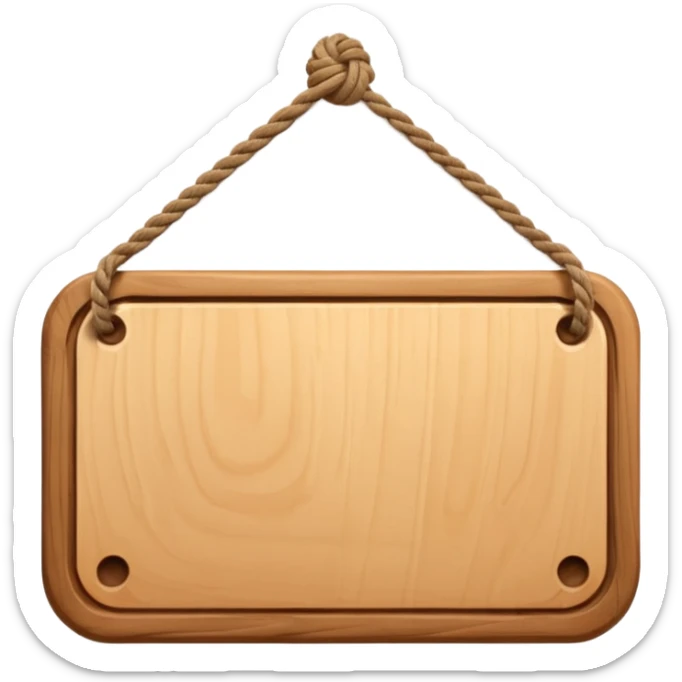 3D cartoon style wooden hanging signboard, smooth polished wood texture, rounded edges, detailed wood grain, thick twisted ropes going through holes on both sides, hanging rope knots visible, isolated on white background, soft shadow, high resolution, digital illustration, centered composition sticker