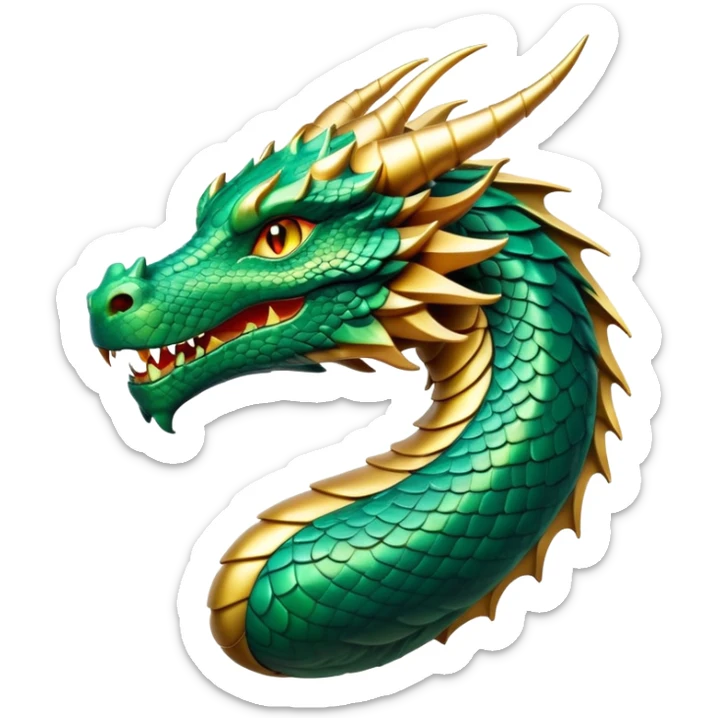 cinematic-noble-dragon-portrait-emoji,-poised-and-majestic,-with-a-sinuous,-elongated-build-and-shimmering,-scale-covered-skin-in-hues-of-emerald-and-gold,-piercing,-fiery-eyes,-simplified-yet-sharp-and-sophisticated-features,-highly-detailed sticker