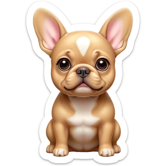 Cinematic Cute Fawn French Bulldog Portrait Emoji, Head tilted playfully and inquisitively, featuring a glossy fawn coat with a smooth texture, round, sparkling dark eyes filled with curiosity, Simplified yet irresistibly adorable features, highly detailed, glowing with a warm, friendly glow, high shine, affectionate and lively, stylized with a touch of whimsy, bright and endearing, soft glowing outline, capturing the essence of a mischievous yet loving companion, so playful it feels like it could prance out of the screen and into your arms! sticker