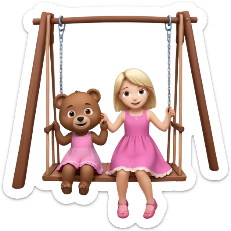 Create a 3D animated scene in the style of a children's cartoon. A small girl similar to Masha is sitting on a swing, smiling happily. A big friendly bear stands behind her gently pushing the swing. Bright colorful forest background, soft lighting, warm and playful mood." sticker
