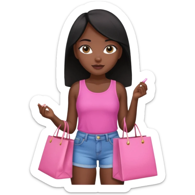 Uma menina morena cabelo liso preto olhos puxados fazendo compra com sacolas rosas  com top e short  sticker