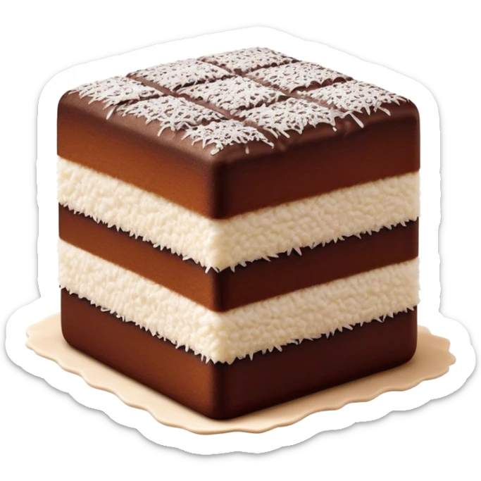 Lamington Cinematic Realistic Lamington Dessert Emoji, depicted as a sponge cake square coated in chocolate and dusted with coconut on all sides, rendered with lifelike textures and vibrant, tropical lighting. sticker