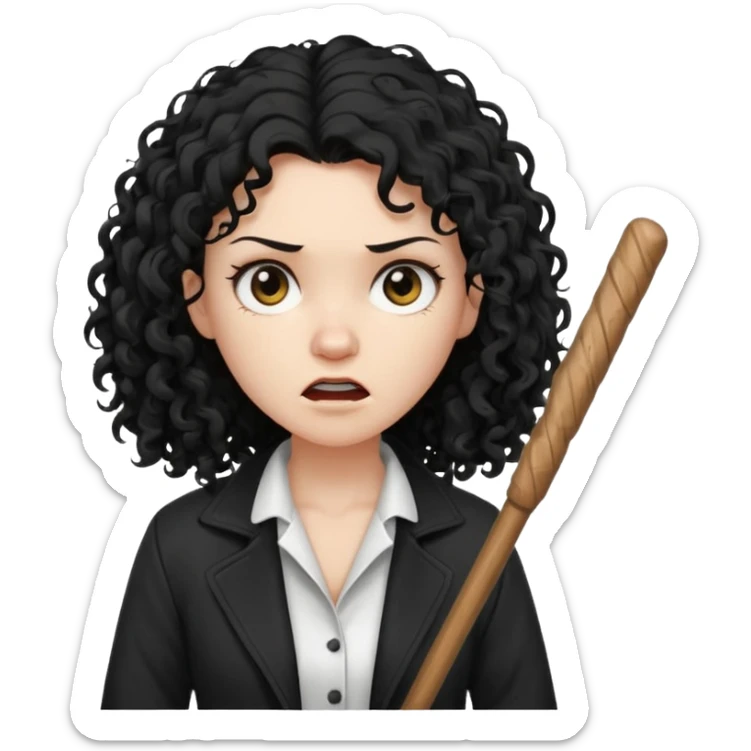 Hey, please generate me an emoji that depicts a woman white skin long black curly disheveled hair slightly thicker, she is wearing a white T-shirt and a black unbuttoned jacket she is furious she is holding a large wodden STICK  sticker