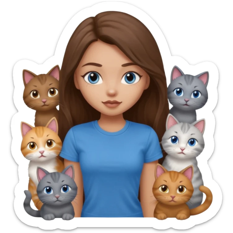 a pretty bratz dusky light skin girl with long brown hair, blue eyes with six cats nd wearing a grey tshirt sticker