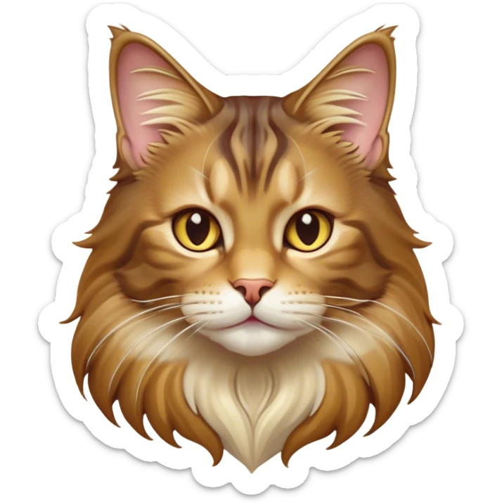 Cinematic Cute Maine Coon Cat Portrait Emoji, Head tilted playfully and inquisitively, sleek brown, gold, and cream tones, Simplified yet adorable features, highly detailed, glowing with a warm, friendly glow, high shine, curious and affectionate, stylized with a touch of whimsy, bright and alert, soft glowing outline, capturing the essence of a mischievous yet loving kitten, so endearing it feels like it could pounce out of the screen and play with its fluffy tail swishing! sticker