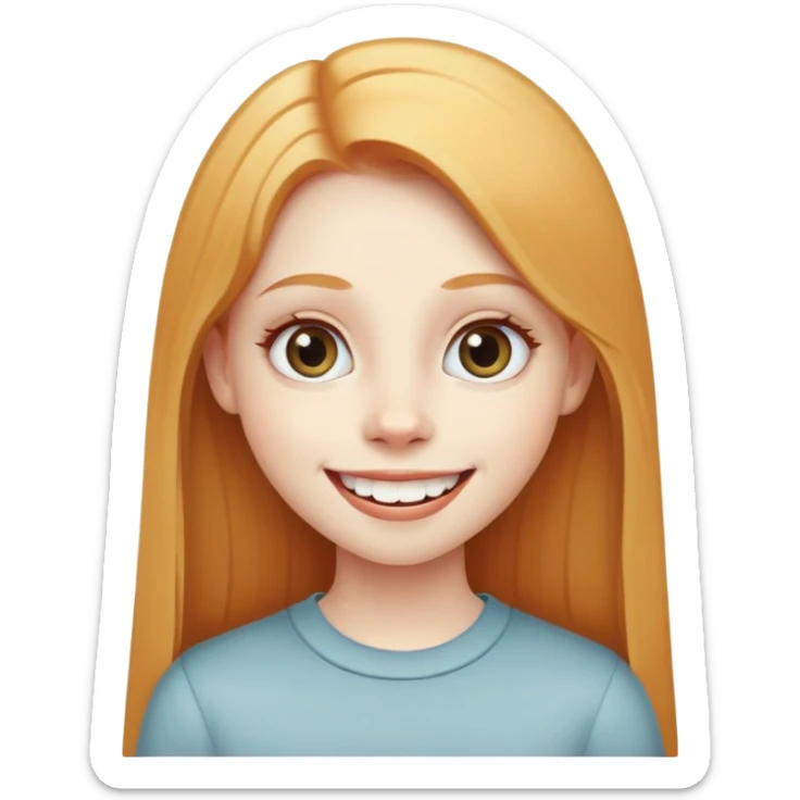 traditional simple emoji of young girl with very pale skin, long straight ginger blonde hair, big eyes, big smile with teeth showing, classic round face sticker