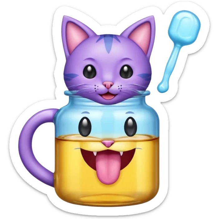 Smiling bottle of oil light purple top and light blue sticking tongue out and with cat ears sticker