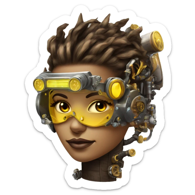 Brown with yellow streaks Mohawk hair female cyborg head, tan skin, steampunk goggles and circuits sticker