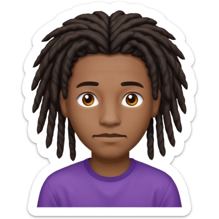 black teen with black dreads in a middle part with brown eyes and a small mustache and purple shirt sticker