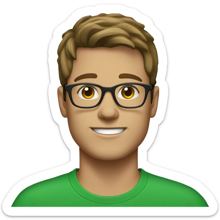 white young man with brown hair and square glasses wearing green t-shirt with laptop sticker