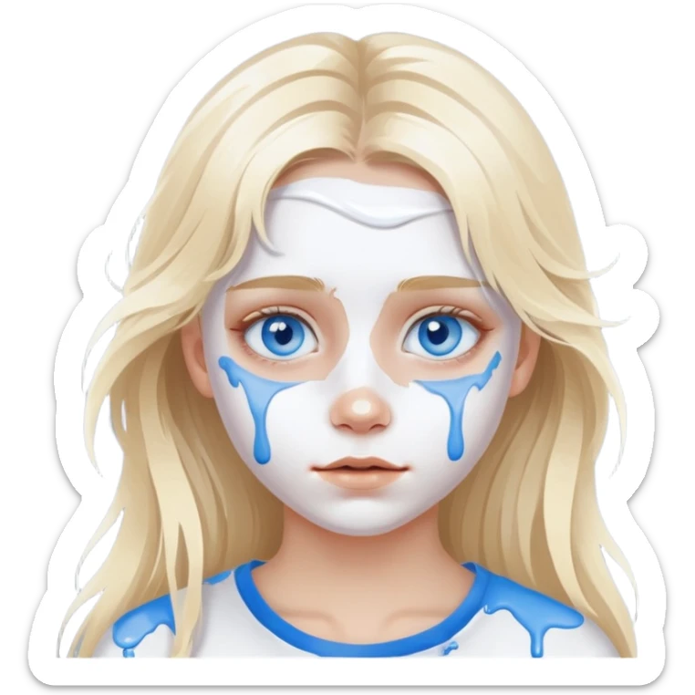 Girl with blue eyes and "white" paint on her face with long blond messy air,  sticker
