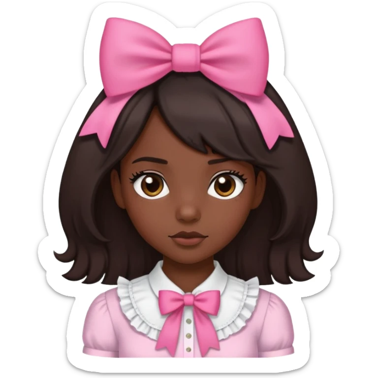 darkskin black girl, with straight shoulder length dark brown hair, a pink bow in her hair, with a frilly white shirt on sticker